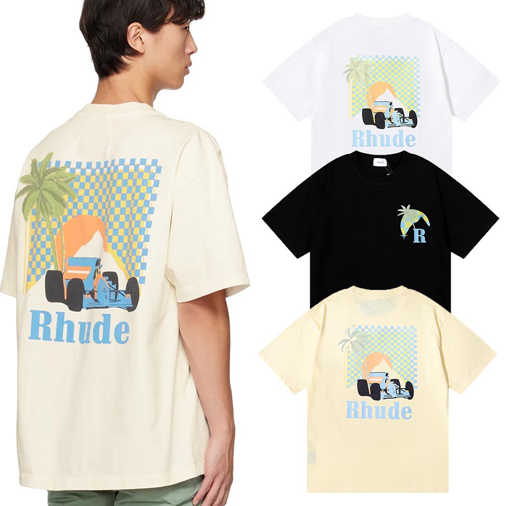 Rhude T-shirts Coconut Racing Printed Cotton Casual Short Sleeves Men and Women