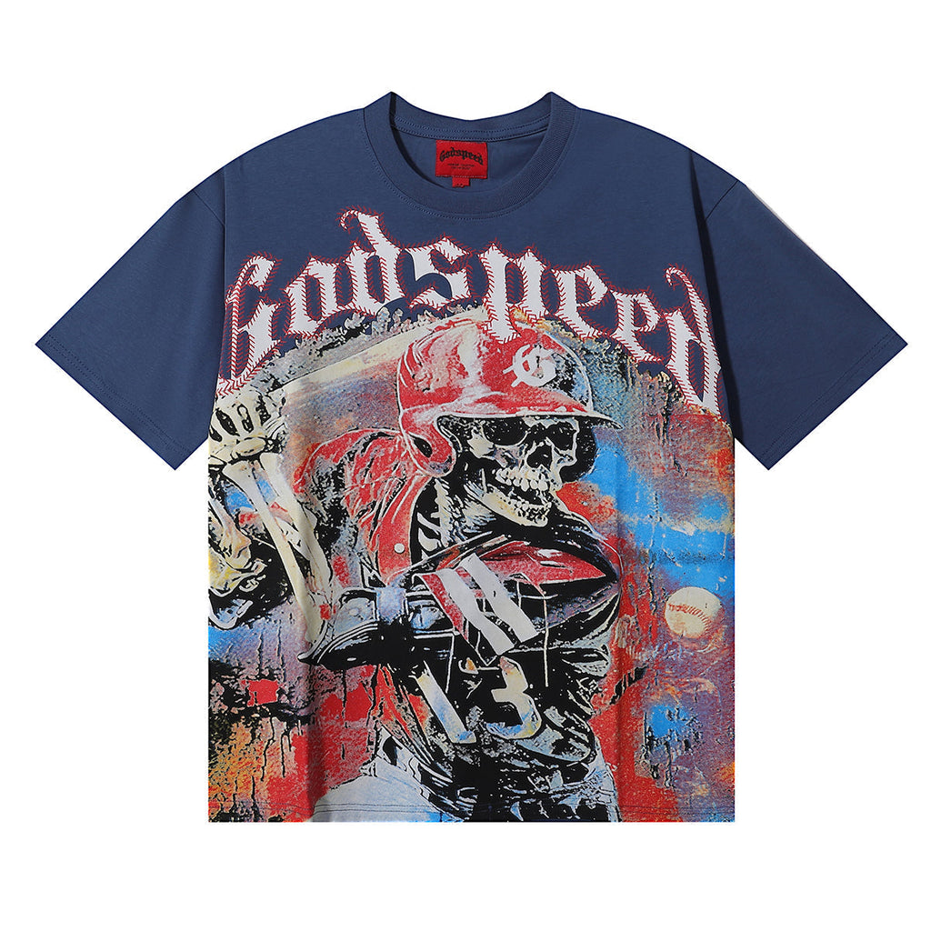 Godspeed T-shirts Skull Baseball Players Printed Cotton Casual Short Sleeves Men and Women
